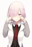  1girl :d blush fate/grand_order fate_(series) hair_over_one_eye looking_at_viewer lpip necktie open_mouth purple_hair shielder_(fate/grand_order) short_hair simple_background smile solo upper_body violet_eyes white_background 