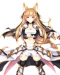  1girl absurdres animal_ears blonde_hair braid breasts calzooone character_request cleavage fox_ears granblue_fantasy highres long_hair looking_at_viewer navel red_eyes smile solo standing thigh-highs very_long_hair yuisis_(granblue_fantasy) 