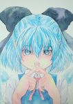  1girl :3 blue_eyes blue_hair bow cirno crossed_fingers graphite_(medium) hair_bow highres ice ice_wings looking_at_viewer neck_ribbon ribbon short_hair solo touhou traditional_media upper_body watercolor_(medium) wings yuyu_(00365676) 
