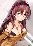  1girl bespectacled blue_eyes blush breasts brown_hair cleavage glasses ichinose_shiki idolmaster idolmaster_cinderella_girls jewelry long_hair long_sleeves looking_at_viewer nannacy7 necklace sketch smile solo upper_body 