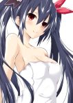  1girl bare_shoulders bathrobe black_hair blush breasts choujigen_game_neptune iwasi-r long_hair looking_at_viewer naked_towel neptune_(series) noire red_eyes ribbon smile solo towel twintails very_long_hair 