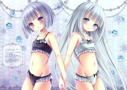  2girls absurdres bare_shoulders black_bra black_panties black_ribbon blush bra breasts collarbone eyebrows_visible_through_hair frilled_bra frilled_panties frills grey_bra grey_panties groin head_tilt highres huge_filesize long_hair looking_at_viewer midriff multiple_girls original panties parted_lips ribbon shiny shiny_skin short_hair silver_bra silver_hair silver_panties small_breasts smile stomach tinker_bell underwear underwear_only violet_eyes 