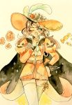  1girl brown_hair candy cape finger_to_mouth flower food grey_eyes hand_on_hip hat hat_feather mani_(rokyujuusan) miniskirt one_eye_closed original pleated_skirt puffy_sleeves rose skirt smile solo thigh-highs traditional_media watercolor_(medium) zettai_ryouiki 