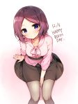  1girl bangs belt between_legs black_legwear black_shirt blouse blush breasts closed_mouth collarbone english eyebrows_visible_through_hair from_above hand_between_legs happy_birthday head_tilt heart looking_at_viewer looking_up medium_breasts new_game! number pantyhose parted_bangs pink_shirt purple_hair shinoba shirt sitting smile solo tooyama_rin violet_eyes white_background 