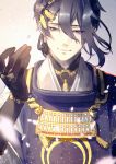  1boy black_gloves blue_eyes blue_hair gloves highres japanese_clothes kibou male_focus mikazuki_munechika petals smile tassel touken_ranbu 