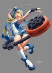  1boy armpits bike_shorts blonde_hair blue_eyes boots bridget_(guilty_gear) cross dated fingerless_gloves gloves guilty_gear habit highres male_focus nun short_hair socks solo trap twitter_username wrist_cuffs yo-yo zaki_(narashigeo) 