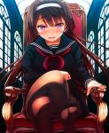  1girl brown_hair feet headband higa423 long_hair no_shoes original school_uniform socks soles toes violet_eyes 