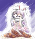 2girls :&gt; animal_ears black_hair blush brown_eyes closed_eyes houraisan_kaguya hug hug_from_behind komaku_juushoku long_hair long_skirt multiple_girls rabbit_ears reisen_udongein_inaba silver_hair sitting skirt smile very_long_hair wavy_mouth