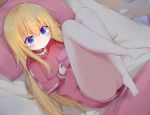  1girl :/ barefoot blonde_hair blue_eyes blurry blush closed_mouth depth_of_field eyebrows_visible_through_hair from_above frown full_body gabriel_dropout hair_between_eyes handheld_game_console highres kyuukon_(qkonsan) legs_crossed long_hair long_sleeves lying on_back on_bed pillow playing_games solo tenma_gabriel_white very_long_hair wooden_floor 