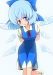  1girl :o arms_behind_back blue_bow blue_dress blue_eyes blue_hair bow breasts cirno collared_shirt dress eyebrows_visible_through_hair hair_bow head_tilt highres ikusu_(ikustasy) leg_up looking_at_viewer neck_ribbon pinafore_dress puffy_short_sleeves puffy_sleeves red_ribbon ribbon shirt short_hair short_sleeves small_breasts solo standing standing_on_one_leg touhou white_legwear white_shirt 