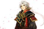  1boy armor bangs closed_mouth crying crying_with_eyes_open grey_eyes grey_hair japanese_armor japanese_clothes light_background long_hair long_sleeves looking_at_viewer low_ponytail male_focus parted_bangs petals pixiv_id_451009 ponytail sad sanada_nobuyuki sengoku_musou simple_background smile solo tears white_background wind 