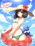  1girl :d artist_name bangs bare_shoulders bikini black_eyes black_hair blue_sky blush breasts bubble cleavage clouds cloudy_sky creatures_(company) cute day english eyebrows_visible_through_hair female_protagonist_(pokemon_sm) floral_print flower front-tie_bikini front-tie_top game_freak green_panties hat hat_flower highres innertube looking_at_viewer mizuki_(pokemon) moe navel nintendo ocean open_mouth panties partially_submerged pokemon pokemon_(game) pokemon_sm polka_dot popplio rainbow short_hair sky small_breasts smile solo sparkle speech_bubble straw_hat sun sunlight swimsuit teeth text thighs under_boob underwear water weeniedesu 