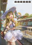  1girl artist_name bag bite_mark blonde_hair blue_ribbon braid day dress green_eyes grin hat hat_ribbon highres lillie_(pokemon) long_hair open_mouth outdoors parted_lips poke_ball_print pokemon pokemon_(creature) pokemon_(game) pokemon_sm railroad_tracks realistic ribbon rowlet shaded_face shengyi_sun shoulder_bag sleeveless sleeveless_dress smile solo standing teeth train_station vanishing_point viewfinder white_dress white_hat 