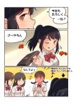  4girls artist_request black_hair blush braid brown_eyes brown_hair comic full-face_blush kimi_no_na_wa miyamizu_mitsuha multiple_girls musical_note natori_sayaka one_eye_closed personality_switch ponytail school_uniform translated twin_braids 