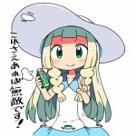 &gt;:&gt; 1girl =3 blonde_hair blush doyagao green_eyes hat kanikama lillie_(pokemon) long_hair lowres pokemon pokemon_(game) pokemon_sm smile solo translation_request v white_background 