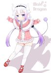  1girl artist_request beads blue_eyes capelet copyright_name different_shadow dragon_girl frills full_body fur_trim gradient_hair hair_beads hair_ornament hairband highres kanna_kamui kobayashi-san_chi_no_maidragon long_hair looking_at_viewer multicolored_hair outstretched_arm purple_hair sidelocks solo tail thigh-highs twintails very_long_hair white_hair white_legwear zettai_ryouiki 