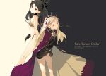  2girls akinashi_yuu back-to-back black_hair blonde_hair cape character_name copyright_name crown dual_persona earrings ereshkigal_(fate/grand_order) fate/grand_order fate_(series) highres hoop_earrings ishtar_(fate/grand_order) jewelry long_hair multiple_girls red_eyes tohsaka_rin toosaka_rin two-tone_background two_side_up 