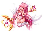 1girl bare_shoulders boots breasts gloves holding holding_staff large_breasts leotard long_hair magical_girl open_mouth original pink_hair smile solo staff thigh-highs thigh_boots tinkvov twintails 