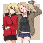  2girls ^_^ alternate_costume arm_around_shoulders blonde_hair blue_eyes bomber_jacket closed_eyes cup darjeeling denim denim_shorts dog_tags girls_und_panzer hood hoodie jacket kay_(girls_und_panzer) midriff multiple_girls navel one_eye_closed ree_(re-19) self_shot shorts skirt smile sunglasses sunglasses_removed teacup teeth thigh-highs thighs white_legwear 