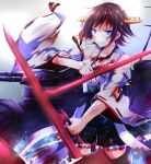 1girl bare_shoulders blue_eyes brown_hair detached_sleeves dual_persona hairband hiei_(kantai_collection) jewelry kantai_collection nanoha-h pants rigging ring short_hair skirt solo sword torn_clothes torn_pants weapon wedding_band wide_sleeves 