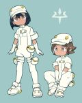  1boy 1girl :o aether_foundation aether_foundation_employee bangs black_hair blue_background brown_eyes brown_hair cabbie_hat chibi dark_skin gloves hair_between_eyes hat highres npc npc_trainer pantyhose pocket pokemon pokemon_(game) pokemon_sm rifu_(rif_rif) short_hair short_sleeves simple_background white_gloves white_hat 