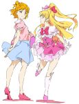  2girls asahina_mirai blonde_hair bow casual cure_miracle gloves hair_bow half_updo hat jewelry long_hair magical_girl mahou_girls_precure! mini_hat mini_witch_hat multiple_girls multiple_persona older open_mouth pink_hat precure puffy_short_sleeves puffy_sleeves short_hair short_sleeves skirt smile umanosuke violet_eyes white_gloves witch_hat 
