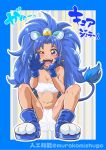  1girl ;d animal_ears blue_eyes blue_gloves blue_hair breasts cat_ears cat_tail choker cleavage cure_gelato earrings fangs gloves highres jewelry kirakira_precure_a_la_mode lion_ears lion_tail long_hair looking_at_viewer navel nino_(pixiv) one_eye_closed open_mouth precure smile solo squatting tail tategami_aoi twitter_username 