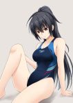  1girl arm_support black_hair blue_swimsuit breasts competition_swimsuit covered_navel eyebrows_visible_through_hair fuuma_nagi grey_background long_hair looking_at_viewer medium_breasts one-piece_swimsuit original ponytail red_eyes sitting smile solo speedo_(company) swimsuit 