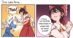  2girls 2koma anger_vein ascot blue_dress blue_hair bow brown_eyes brown_hair cirno clenched_hand clenched_hands comic commentary_request detached_sleeves dress el_chavo_del_ocho hair_between_eyes hair_bow hair_tubes hakurei_reimu ice ice_wings mefomefo multiple_girls neck_ribbon nontraditional_miko open_mouth punching red_dress ribbon short_hair short_sleeves spanish touhou translation_request wings 