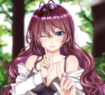  1girl blue_eyes breasts brown_hair cleavage grin hamu_(plot_sy) ichinose_shiki idolmaster idolmaster_cinderella_girls koi_dance large_breasts light_blush long_hair looking_at_viewer off_shoulder one_eye_closed pointing pointing_up smile solo spaghetti_strap wavy_hair 