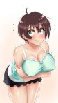  1girl ahoge aqua_eyes bare_shoulders blush breast_hold breasts brown_hair cleavage embarrassed erect_nipples large_breasts leaning_forward looking_at_viewer new_game! shinoda_hajime short_hair solo trembling twrlare 