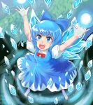  1girl :d absurdres arms_up barefoot blue_bow blue_dress blue_eyes blue_hair bow cirno commentary dress from_above hair_bow highres ice ice_wings open_mouth profitshame puffy_short_sleeves puffy_sleeves red_bow red_neckwear short_sleeves smile solo touhou wings 