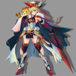  1girl blonde_hair blue_eyes cape cat faulds feathers hat high_heels highres navel peroshi_(graphic_loops) stomach sword weapon 