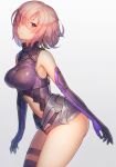  1girl breasts elbow_gloves fate/grand_order fate_(series) from_side gloves hair_over_one_eye large_breasts leaning_forward lips looking_at_viewer navel_cutout purple_gloves purple_hair purple_leotard shielder_(fate/grand_order) short_hair thighs urokoda violet_eyes 
