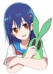  1girl blue_hair brown_eyes flip_flappers hair_ornament hairclip kokomine_cocona open_mouth rabbit roll_okashi school_uniform serafuku short_hair smile solo uexkull 