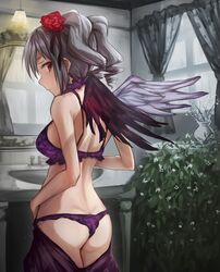  ass bathroom bra curtains drill_hair gothic_lolita idolmaster idolmaster_cinderella_girls kanzaki_ranko lolita_fashion looking_back panties plant profile red_eyes silver_hair sink takeya_y0615 twin_drills twintails underwear underwear_only window wings 