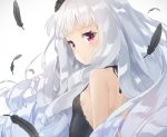  1girl :&lt; bangs bare_shoulders black_dress breasts character_request dress drill_hair face feathers long_hair looking_at_viewer peko pink_eyes sideboob silver_hair simple_background sleeveless sleeveless_dress small_breasts solo upper_body white_background 