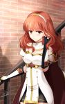  1girl bare_shoulders black_gloves breasts celica_(fire_emblem) cleavage dress eeryuu_(2004107) fingerless_gloves fire_emblem fire_emblem_echoes:_mou_hitori_no_eiyuuou gloves hand_in_hair highres long_hair red_eyes redhead shadow signature smile stairs strapless strapless_dress tiara white_dress 