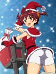  1girl an-bl ass bike_shorts brown_hair from_behind ground_vehicle hat isshiki_akane looking_at_viewer looking_back motor_vehicle open_mouth red_eyes sack santa_hat scooter shawl short_hair shorts solo twintails vividred_operation white_shorts 