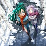  2girls :d arm_hug black_gloves blue_boots blue_eyes boots breasts brown_boots circlet earrings elbow_gloves female fingerless_gloves fire_emblem fire_emblem:_rekka_no_ken florina florina_(fire_emblem) friends from_above full_body gloves green_eyes green_hair hand_holding happy highres hug jewelry lavender_hair looking_at_viewer looking_up lyndis_(fire_emblem) multiple_girls nintendo outdoors pelvic_curtain ponytail scarf shadow smile snow snowflakes standing thigh_boots tsuko_(25mnts) white_gloves 