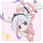  1girl :x artist_request bangs beads blue_eyes bow child commentary_request dragon_girl gradient_hair hair_beads hair_ornament hairband horns kanna_kamui kobayashi-san_chi_no_maidragon multicolored_hair silver_hair tail twintails vector_trace white_legwear 