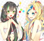  2girls ahoge alternate_hair_color bare_shoulders black_hair blonde_hair blue_eyes blue_hair blush bra commandant_teste_(kantai_collection) green_hair kantai_collection mizuho_(kantai_collection) multicolored_hair multiple_girls open_mouth polka_dot polka_dot_background redhead smile sparkle strapless strapless_bra streaked_hair translation_request underwear white_bra yakusuke 