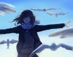  1girl bird black_skirt blazer blue_sky blurry blush brown_hair day foreshortening highres hinao_(flowerrabbit2348) jacket long_sleeves looking_at_viewer neck_ribbon nose_blush original outstretched_arms pleated_skirt red_ribbon ribbon scarf seagull skirt sky smile solo spread_arms standing 