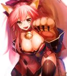  1girl animal_ears ayamori_mimi bell bell_collar black_legwear breasts cleavage collar collarbone fate/grand_order fate_(series) fox_ears fox_tail hair_ribbon highres large_breasts long_hair looking_at_viewer open_mouth paws pink_hair ribbon solo tail tamamo_(fate)_(all) tamamo_cat_(fate) thigh-highs yellow_eyes 