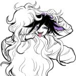  1boy akanbe black_hair bubble_pop_sdk dangan_ronpa from_behind gokuhara_gonta hug long_hair looking_at_viewer male_focus new_dangan_ronpa_v3 ouma_kokichi ringed_eyes short_hair smile solo spot_color tongue tongue_out violet_eyes 