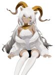  1girl absurdres animal_ears arknights beeswax_(arknights) beeswax_(weisser_sand)_(arknights) black_shorts dark-skinned_female dark_skin feet_out_of_frame goat_ears goat_girl goat_horns gradient_hair grey_hair highres horns jacket kuo_(kuo114514) long_hair multicolored_hair off_shoulder official_alternate_costume parted_lips shirt shorts simple_background sitting sleeveless sleeveless_shirt solo thigh-highs very_long_hair white_background white_hair white_jacket white_legwear white_shirt yellow_collar yellow_eyes 