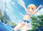  1girl ;d armpits arms_up bikini bikini_skirt black_bow blonde_hair blue_eyes bow breasts collarbone day dorei_elf-chan_wo_eiyuu_ni_produce_shimasu!_gakeppuchi_kara_hajimeru_sekai_jumyou_no_nobashikata dutch_angle eyebrows_visible_through_hair floating_hair hair_bow highres layered_skirt long_hair midriff mikagami_mamizu official_art one_eye_closed open_mouth outdoors small_breasts smile solo stomach striped striped_bikini swimsuit tree underwear water 