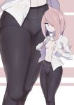  1girl absurdres beige_background black_legwear breasts caibao food_print hair_over_one_eye highres little_witch_academia long_sleeves looking_at_viewer medium_breasts mushroom_print no_bra open_clothes open_shirt pale_skin panties panties_under_pantyhose pantyhose pink_hair print_panties red_eyes shirt standing sucy_manbabalan underwear white_background zoom_layer 