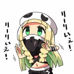  1girl bandana_over_mouth bandanna blonde_hair braid chibi cosplay covered_mouth crop_top green_eyes hat kanikama lillie_(pokemon) long_hair lowres pokemon pokemon_(game) pokemon_sm simple_background solo team_skull team_skull_grunt team_skull_grunt_(cosplay) translation_request twin_braids upper_body white_background 