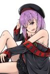  1girl bare_shoulders blush breasts fate/grand_order fate_(series) hat helena_blavatsky_(fate/grand_order) highres ippachi looking_at_viewer off_shoulder one_eye_closed open_mouth purple_hair short_hair sideboob simple_background smile solo violet_eyes white_background 